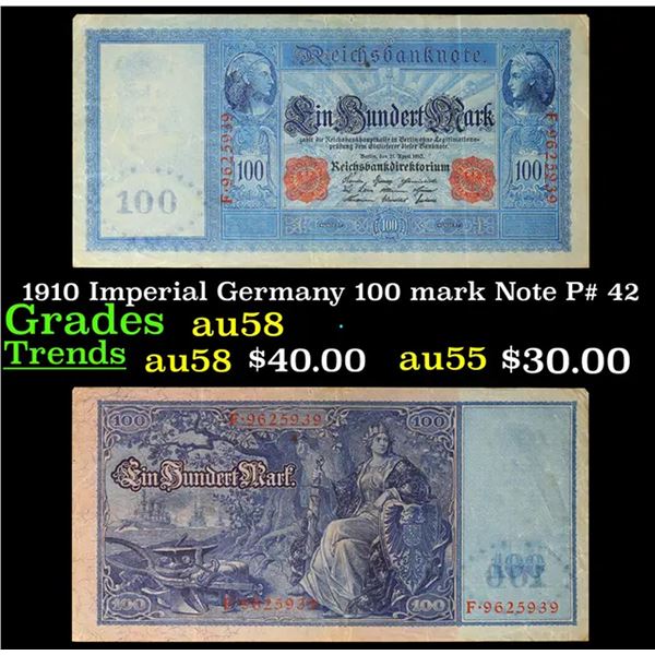 1910 Imperial Germany 100 mark Note P# 42 Grades Choice AU/BU Slider