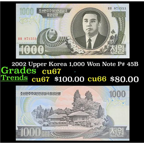 2002 Upper Korea 1,000 Won Note P# 45B Grades Gem++ CU