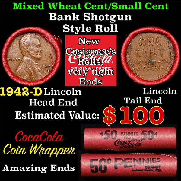 Mixed small cents 1c orig shotgun roll, 1942-d Lincoln Cent, Lincoln Cent other end, Coca-Cola Brand