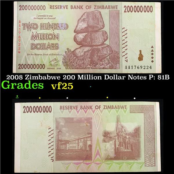 2008 Zimbabwe 200 Million Dollar Notes P: 81B Grades vf+
