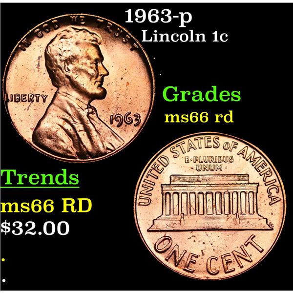 1963-p Lincoln Cent 1c Grades GEM+ Unc RD