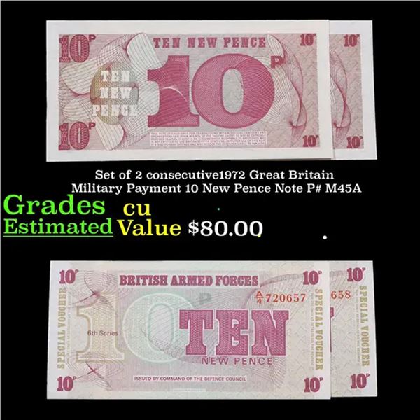 Set of 2 consecutive1972 Great Britain Military Payment 10 New Pence Note P# M45A Grades CU