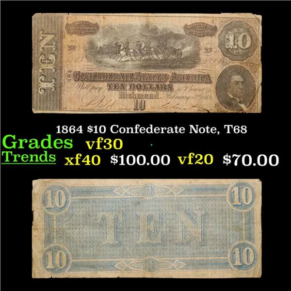 1864 $10 Confederate Note, T68 Grades vf++