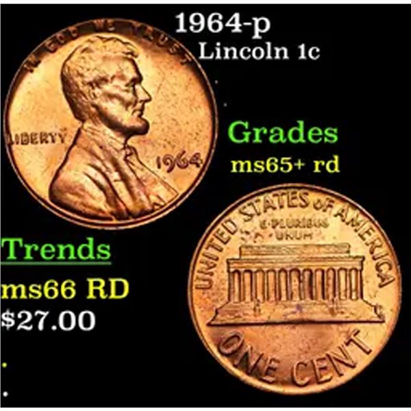 1964-p Lincoln Cent 1c Grades Gem+ Unc RD