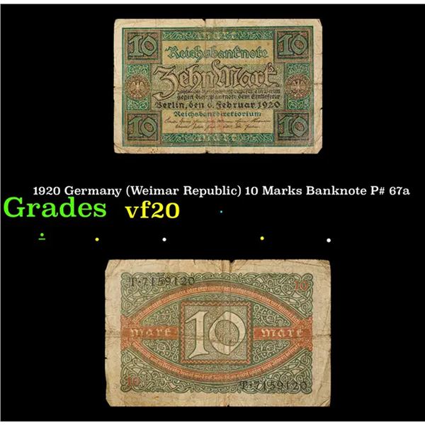 1920 Germany (Weimar Republic) 10 Marks Banknote P# 67a Grades vf, very fine