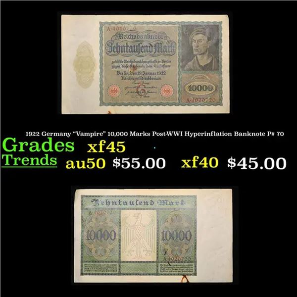 1922 Germany "Vampire" 10,000 Marks Post-WWI Hyperinflation Banknote P# 70 Grades xf+