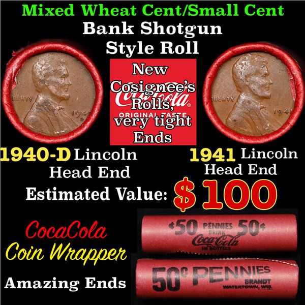 Mixed small cents 1c orig shotgun roll, 1941-p Lincoln Cent, 1946-d Lincoln Cent other end, Coca-Col