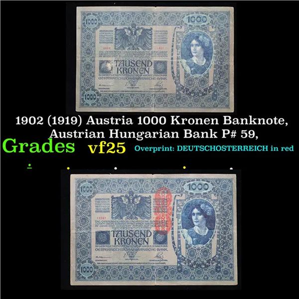 1902 (1919) Austria 1000 Kronen Banknote, Austrian Hungarian Bank P# 59, Grades vf+