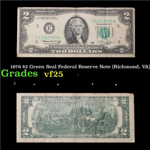 1976 $2 Green Seal Federal Reserve Note (Richmond, VA) Grades vf+
