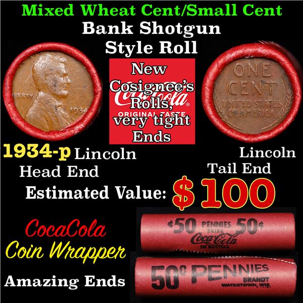 Mixed small cents 1c orig shotgun roll, 1934-p Lincoln Cent, Lincoln Cent other end, Coca-Cola Brand