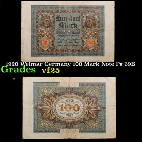1920 Weimar Germany 100 Mark Note P# 69B Grades vf+