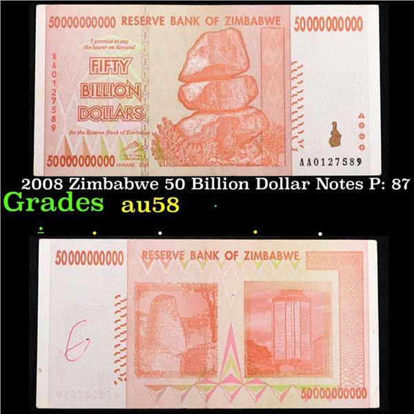 2008 Zimbabwe 50 Billion Dollar Notes P: 87 Grades Choice AU/BU Slider