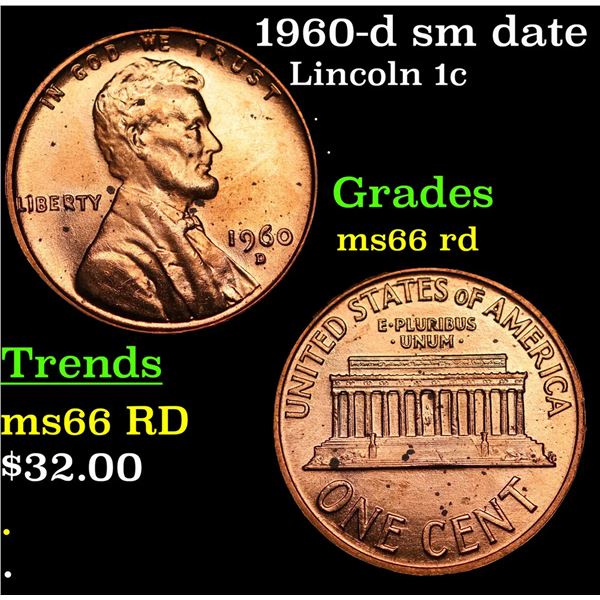 1960-d sm date Lincoln Cent 1c Grades GEM+ Unc RD
