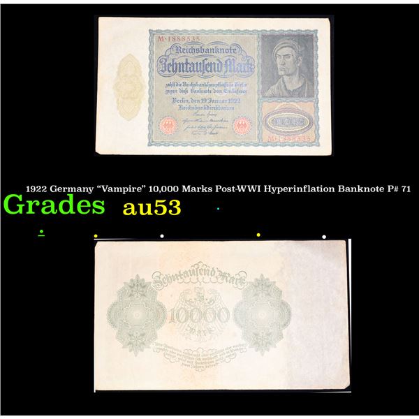 1922 Germany "Vampire" 10,000 Marks Post-WWI Hyperinflation Banknote P# 71 Grades Select AU