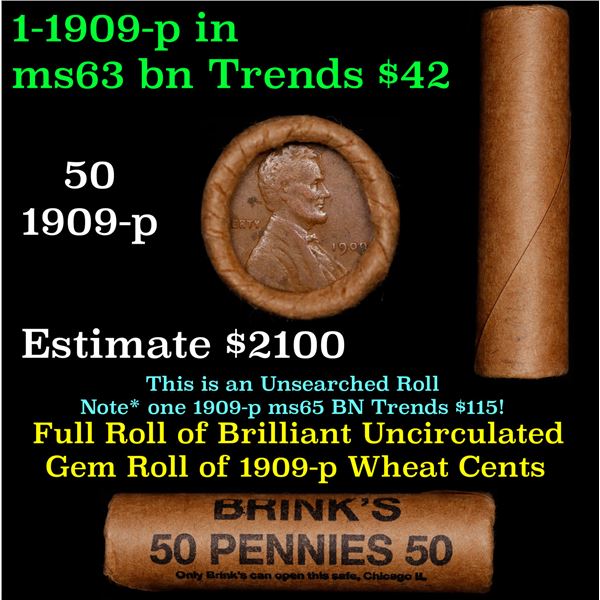Shotgun Lincoln 1c roll, 1909-p 50 pcs Brinks Wrapper.