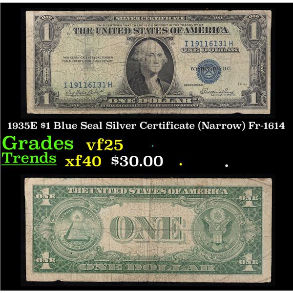 1935E $1 Blue Seal Silver Certificate (Narrow) Fr-1614 Grades vf+