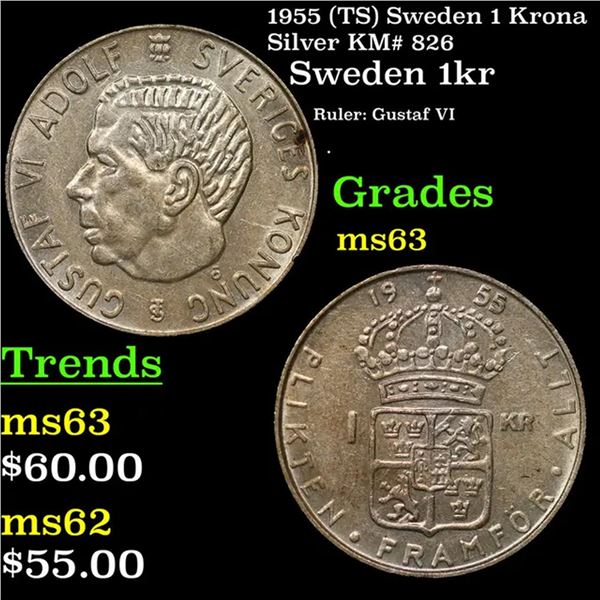 1955 (TS) Sweden 1 Krona Silver KM# 826 Grades Select Unc