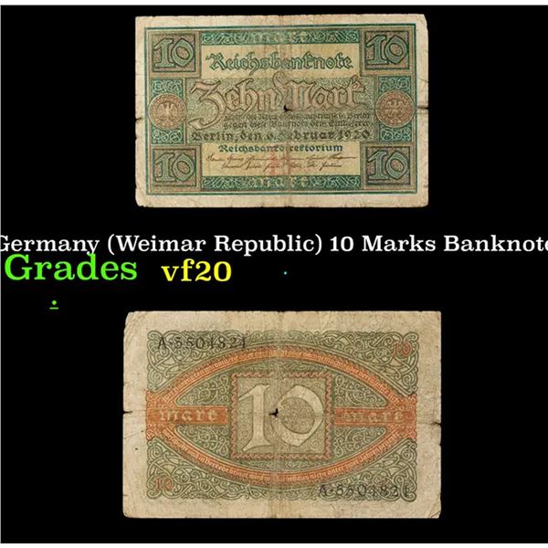 1920 Germany (Weimar Republic) 10 Marks Banknote P# 67a Grades vf, very fine