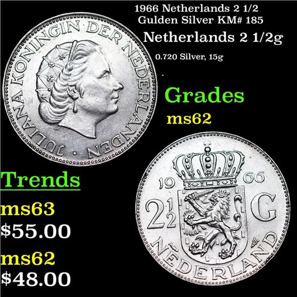 1966 Netherlands 2 1/2 Gulden Silver KM# 185 Grades Select Unc