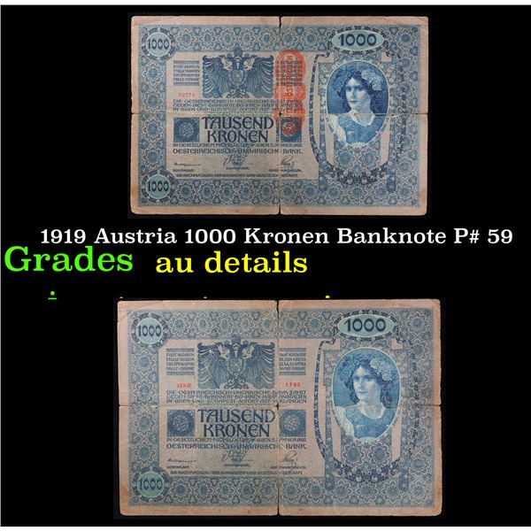1919 Austria 1000 Kronen Banknote P# 59 Grades AU Details