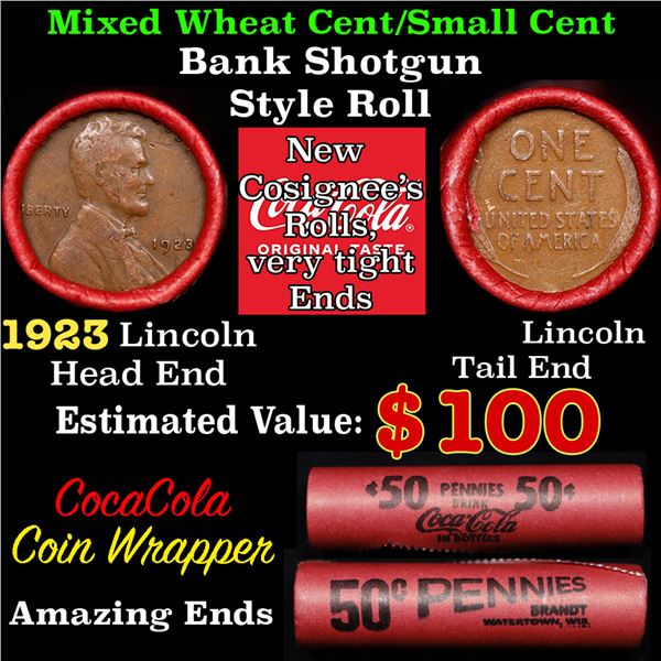 Mixed small cents 1c orig shotgun roll, 1923-p Lincoln Cent, Lincoln Cent other end, Coca-Cola Brand