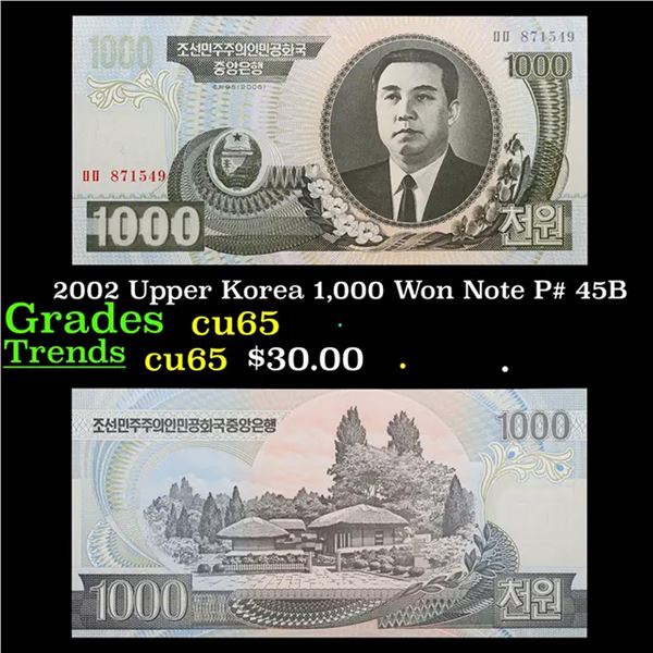 2002 Upper Korea 1,000 Won Note P# 45B Grades Gem CU