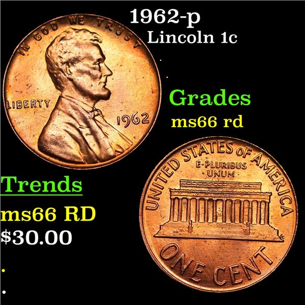 1962-p Lincoln Cent 1c Grades GEM+ Unc RD