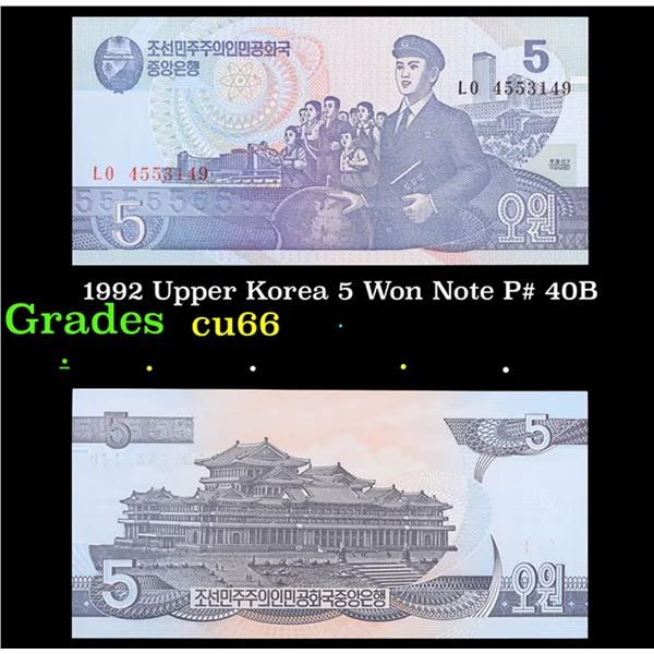 1992 Upper Korea 5 Won Note P# 40B Grades Gem+ CU