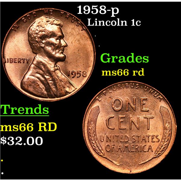 1958-p Lincoln Cent 1c Grades GEM+ Unc RD