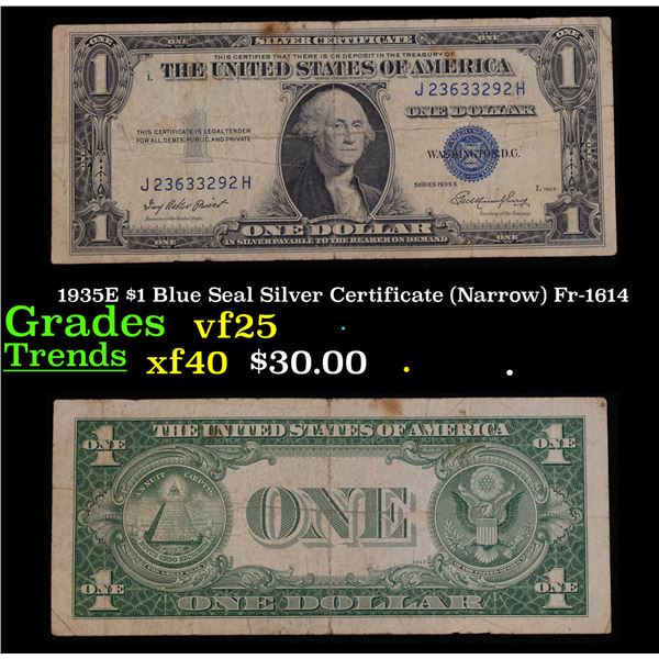1935E $1 Blue Seal Silver Certificate (Narrow) Fr-1614 Grades vf+