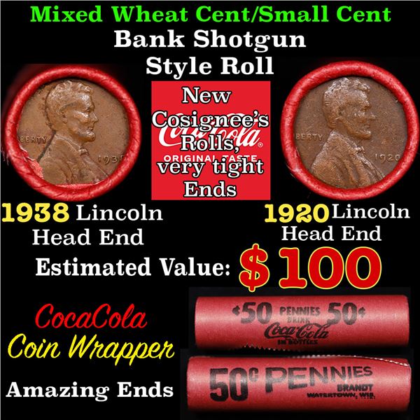 Mixed small cents 1c orig shotgun roll, 1929-p Lincoln Cent, 1938-p Lincoln Cent other end, Coca-Col
