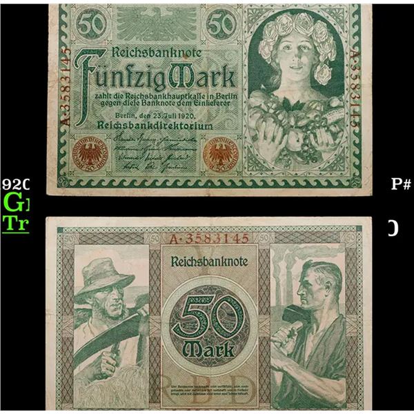 1920 Germany (Weimar) 50 Marks Banknote P# 68 Grades Choice AU/BU Slider