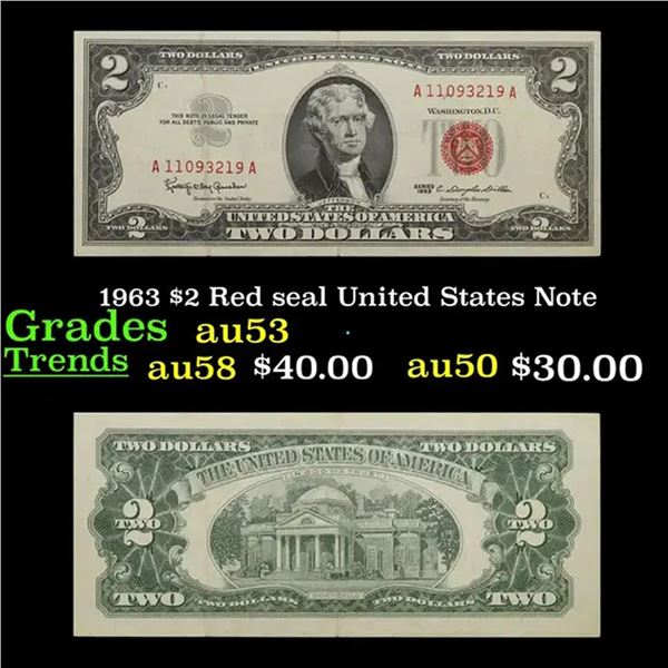 1963 $2 Red seal United States Note Grades Select AU