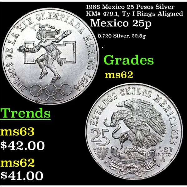 1968 Mexico 25 Pesos Silver KM# 479.1, Ty I Rings Aligned Grades Select Unc