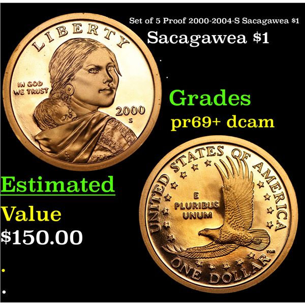 Proof Set of 5 Proof 2000-2004-S Sacagawea $1 Sacagawea Dollar $1 Grades GEM++ Proof Deep Cameo