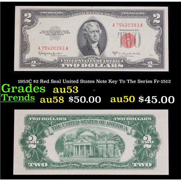 1953C $2 Red Seal United States Note Key To The Series Fr-1512 Grades Select AU