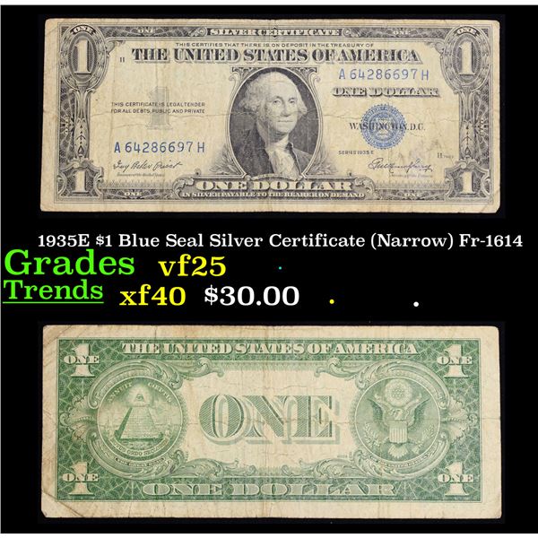 1935E $1 Blue Seal Silver Certificate (Narrow) Fr-1614 Grades vf+