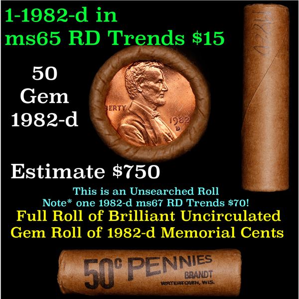 Shotgun Lincoln 1c roll, 1982-d 50 pcs Brandt Wrapper.