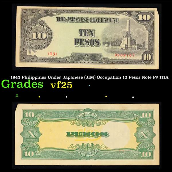 1942 Philippines Under Japanese (JIM) Occupation 10 Pesos Note P# 111A Grades vf+