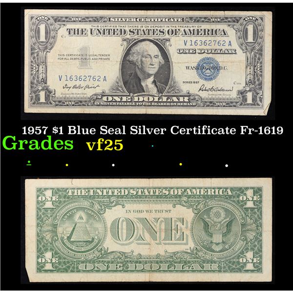 1957 $1 Blue Seal Silver Certificate Fr-1619 Grades vf+
