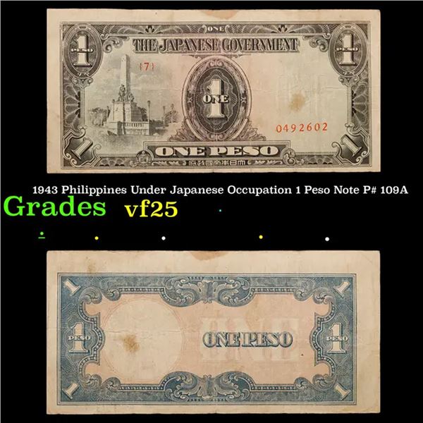 1943 Philippines Under Japanese Occupation 1 Peso Note P# 109A Grades vf+