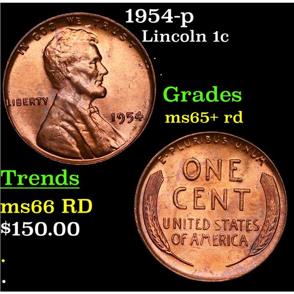 1954-p Lincoln Cent 1c Grades Gem+ Unc RD