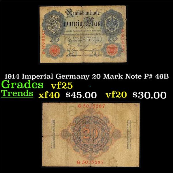 1914 Imperial Germany 20 Mark Note P# 46B Grades vf+