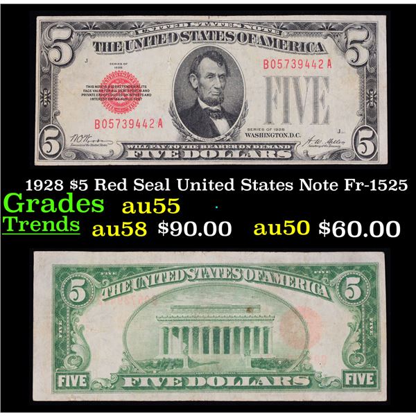 1928 $5 Red Seal United States Note Fr-1525 Grades Choice AU