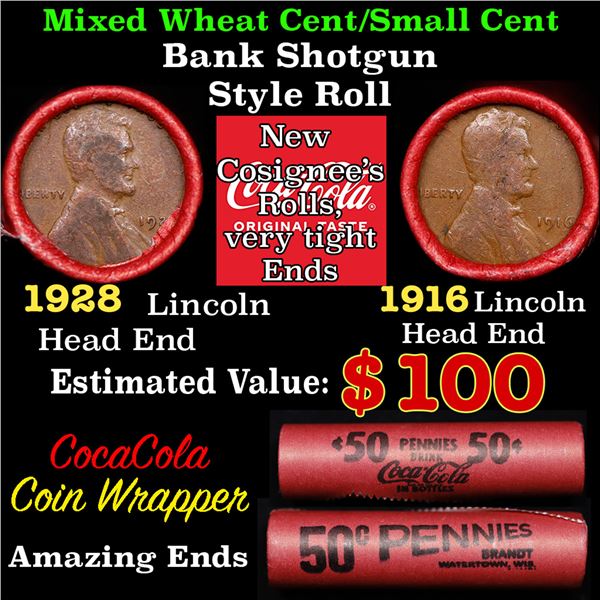 Mixed small cents 1c orig shotgun roll, 1916-p Lincoln Cent, 1928-p Lincoln Cent other end, Coca-Col