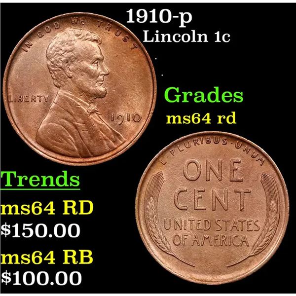 1910-p Lincoln Cent 1c Grades Choice Unc RD