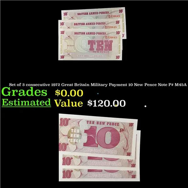 Set of 3 consecutive 1972 Great Britain Military Payment 10 New Pence Note P# M45A Grades CU