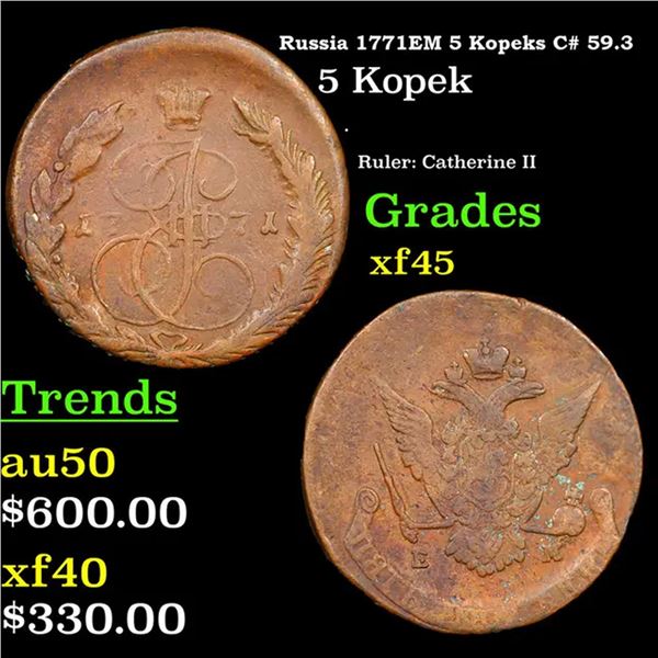 Russia 1771EM 5 Kopeks C# 59.3 Grades xf+ By SEGS