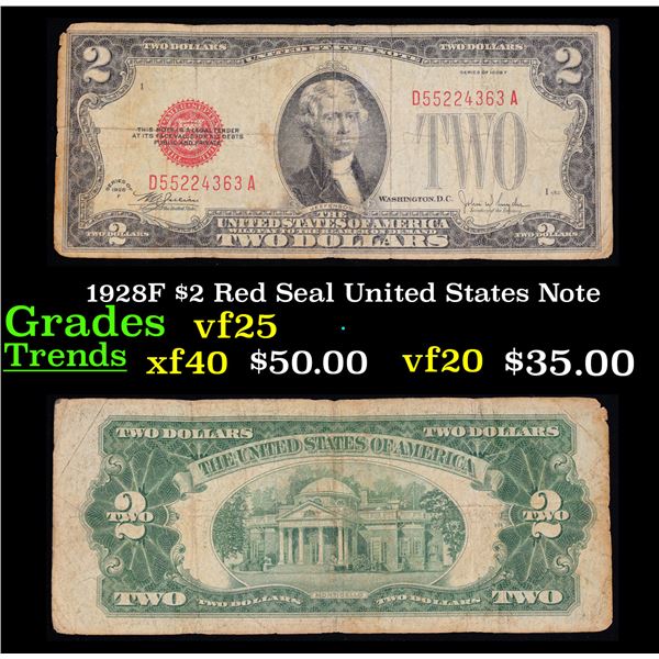 1928F $2 Red Seal United States Note Grades vf+