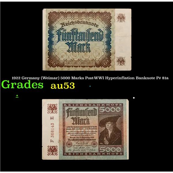 1922 Germany (Weimar) 5000 Marks Post-WWI Hyperinflation Banknote P# 81a Grades Select AU